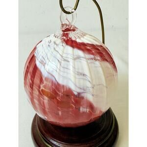 Hand Blown Art Glass Friendship Ball Cranberry Red White Swirl Hanging Orb